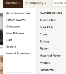 Screenshot from Goodreads showing navigation drop down for lists